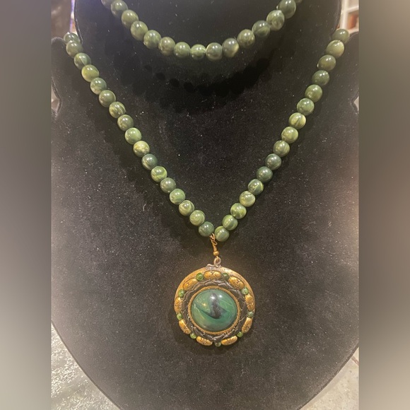 Chico's Jewelry - Chico's Green Beaded Necklace with Gold Pendant